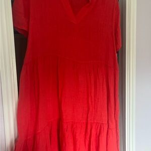 100% linen red Midi Dress